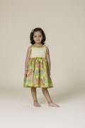 Cream Brocade & Olive Printed Silk Singlet Frock