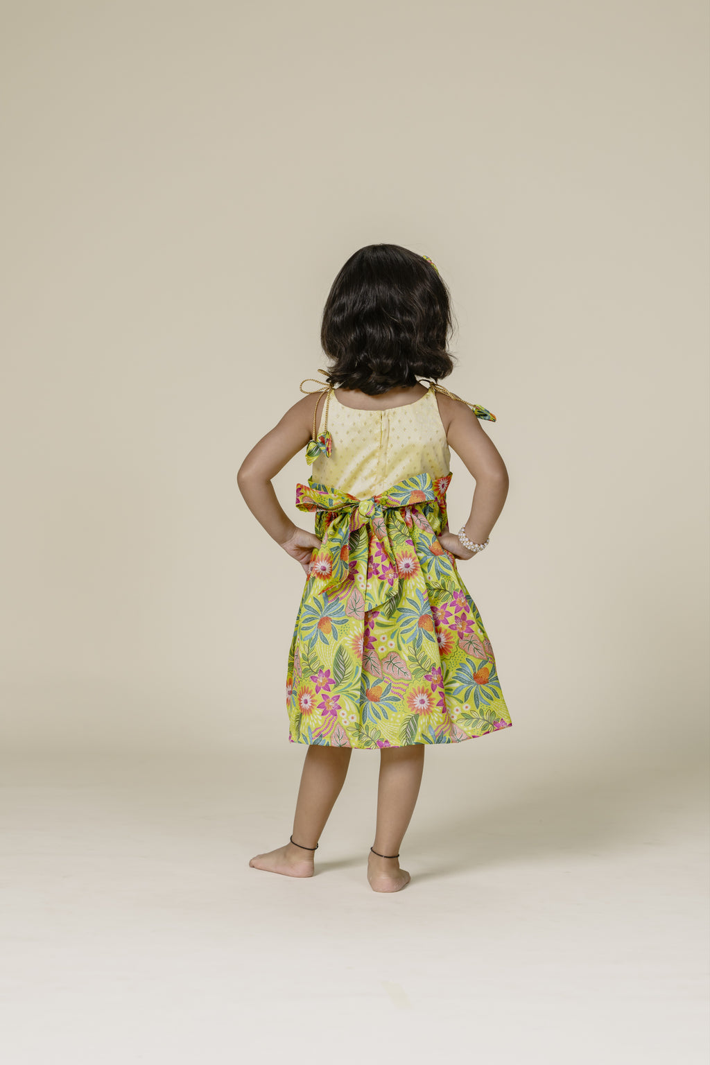 Cream Brocade & Olive Printed Silk Singlet Frock