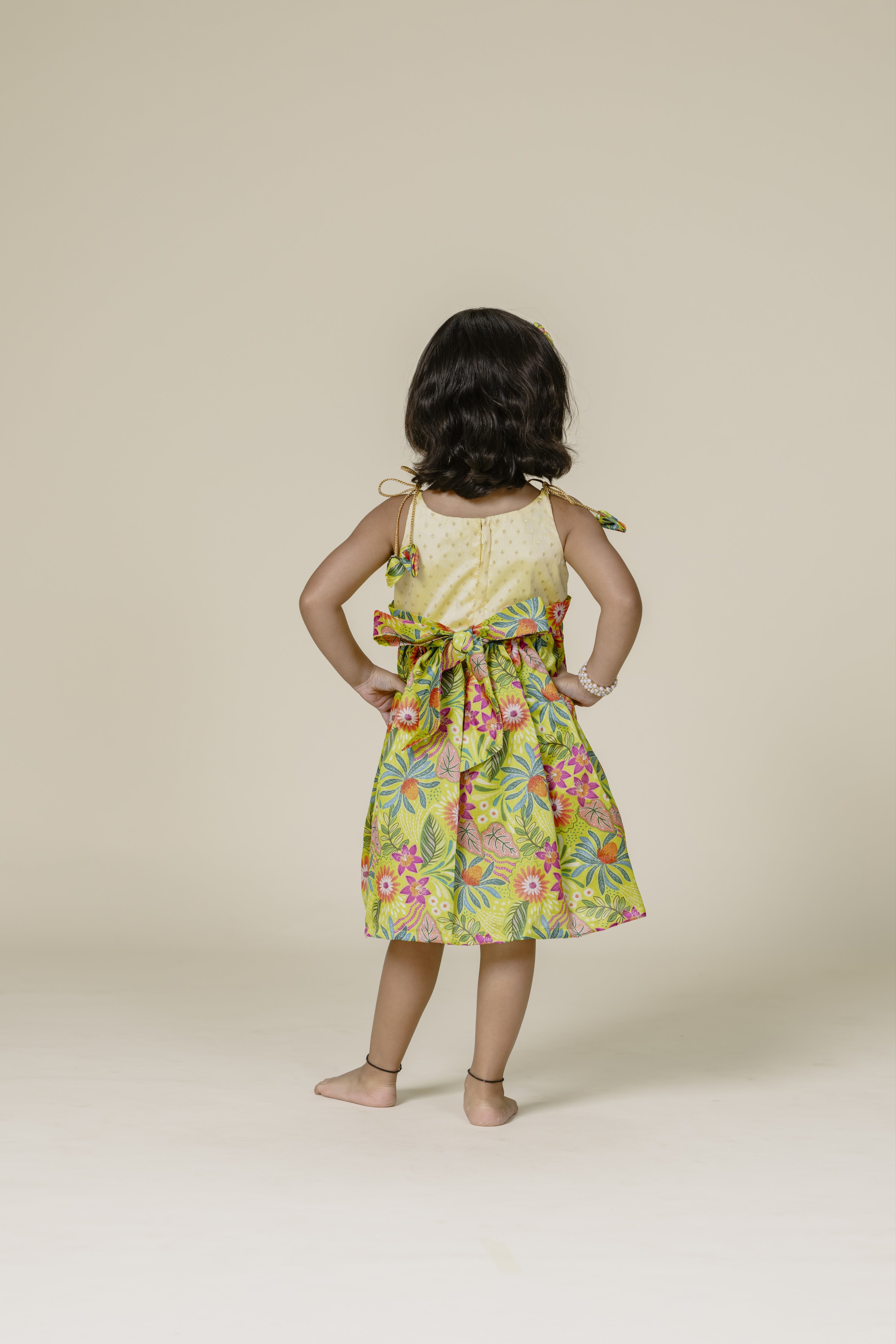 Cream Brocade & Olive Printed Silk Singlet Frock