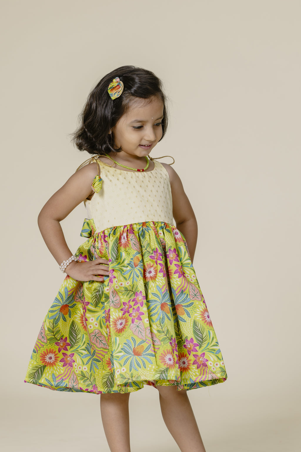 Cream Brocade & Olive Printed Silk Singlet Frock