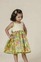Cream Brocade & Olive Printed Silk Singlet Frock