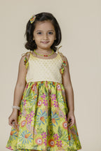 Cream Brocade & Olive Printed Silk Singlet Frock