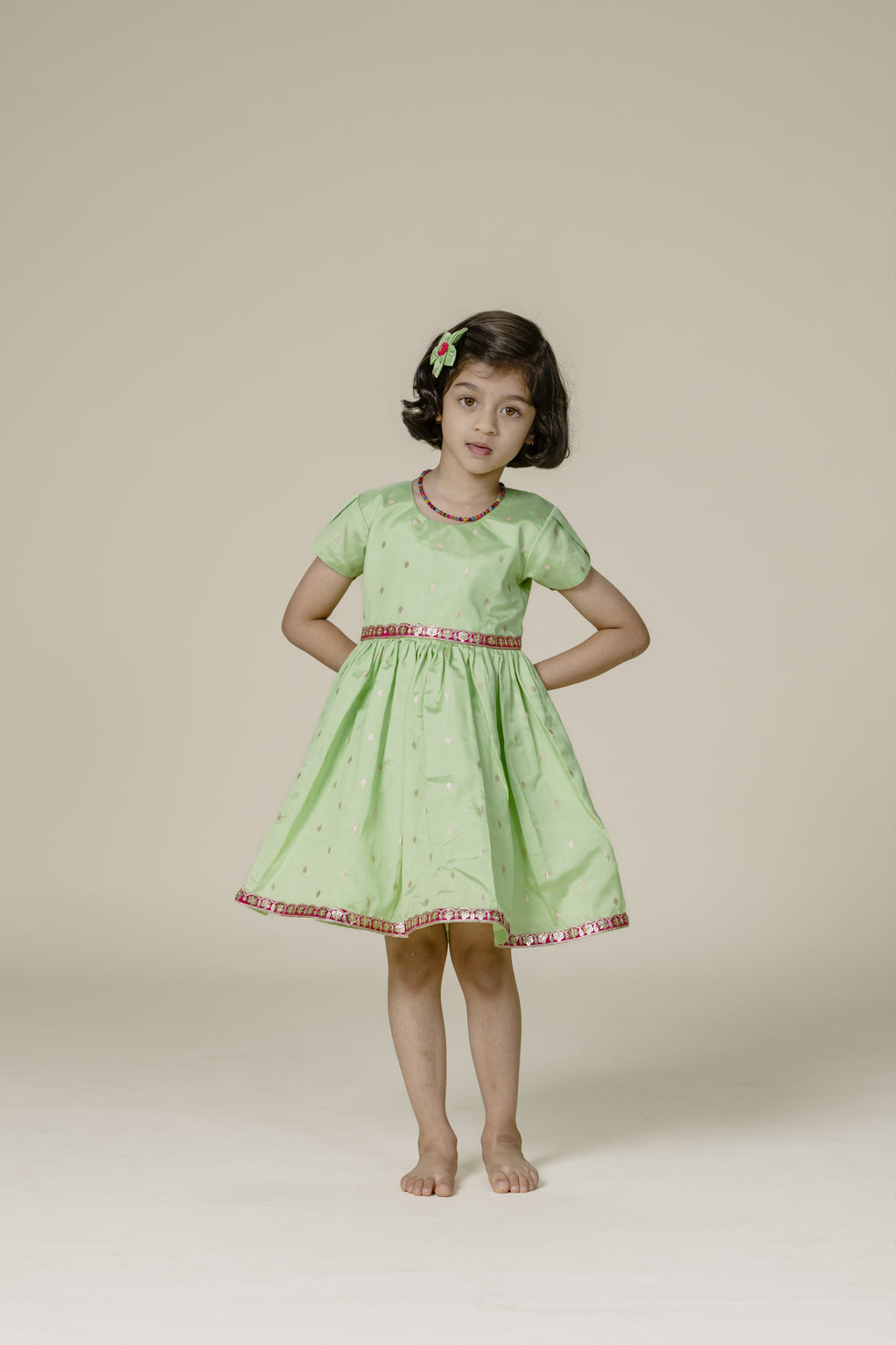 Lime Green Taffeta Flared Frock With Pink Lace & Tulip Sleeves