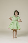 Lime Green Taffeta Flared Frock With Pink Lace & Tulip Sleeves