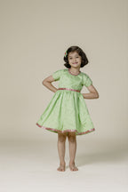Lime Green Taffeta Flared Frock With Pink Lace & Tulip Sleeves