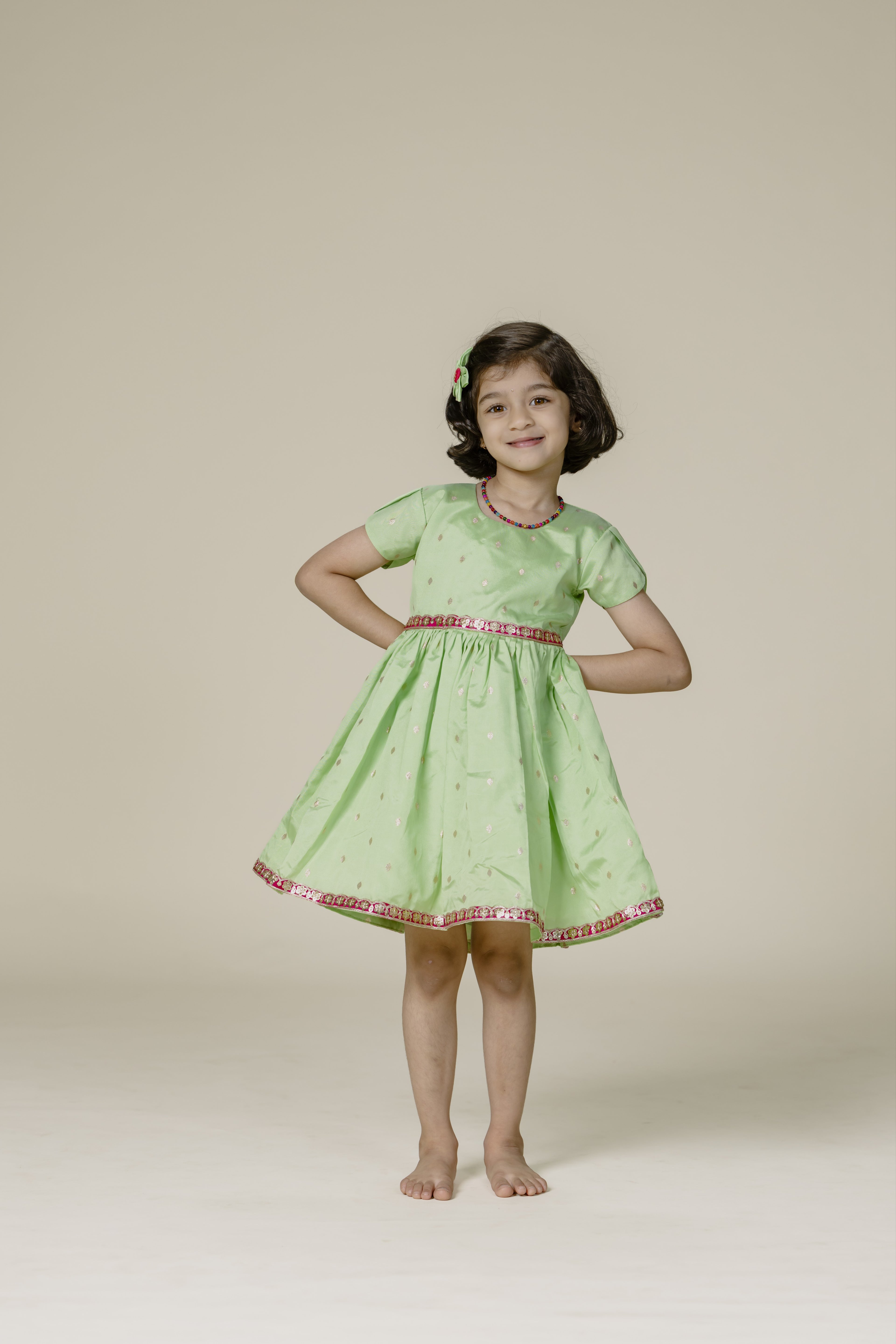 Lime Green Taffeta Flared Frock With Pink Lace & Tulip Sleeves