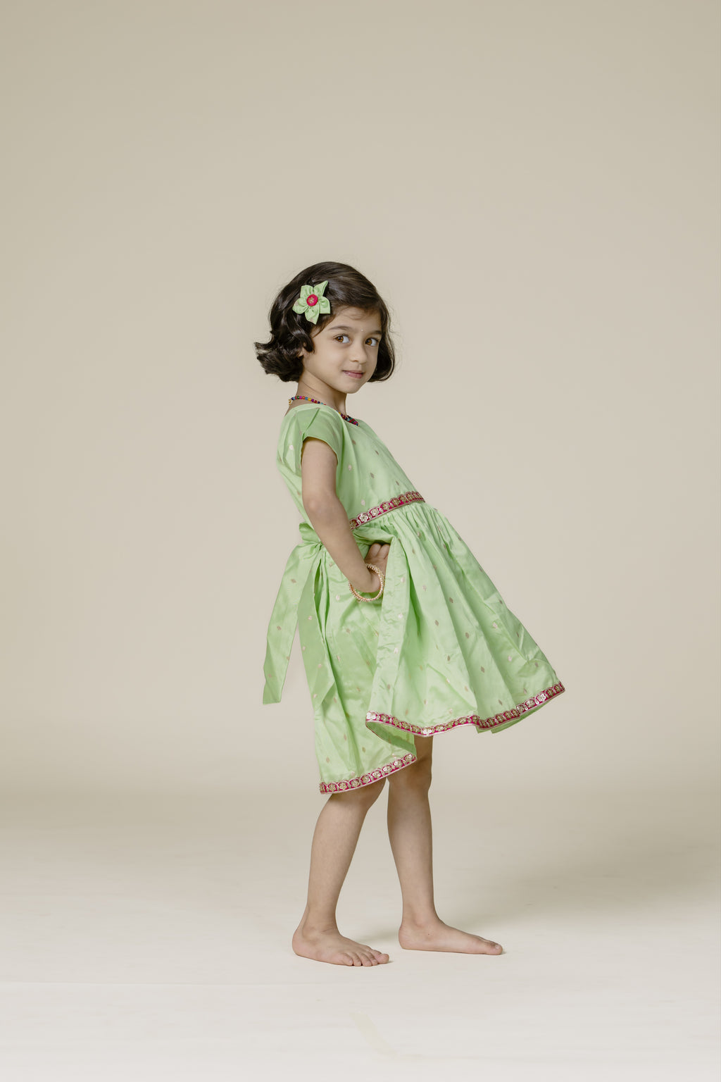 Lime Green Taffeta Flared Frock With Pink Lace & Tulip Sleeves