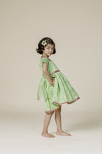 Lime Green Taffeta Flared Frock With Pink Lace & Tulip Sleeves