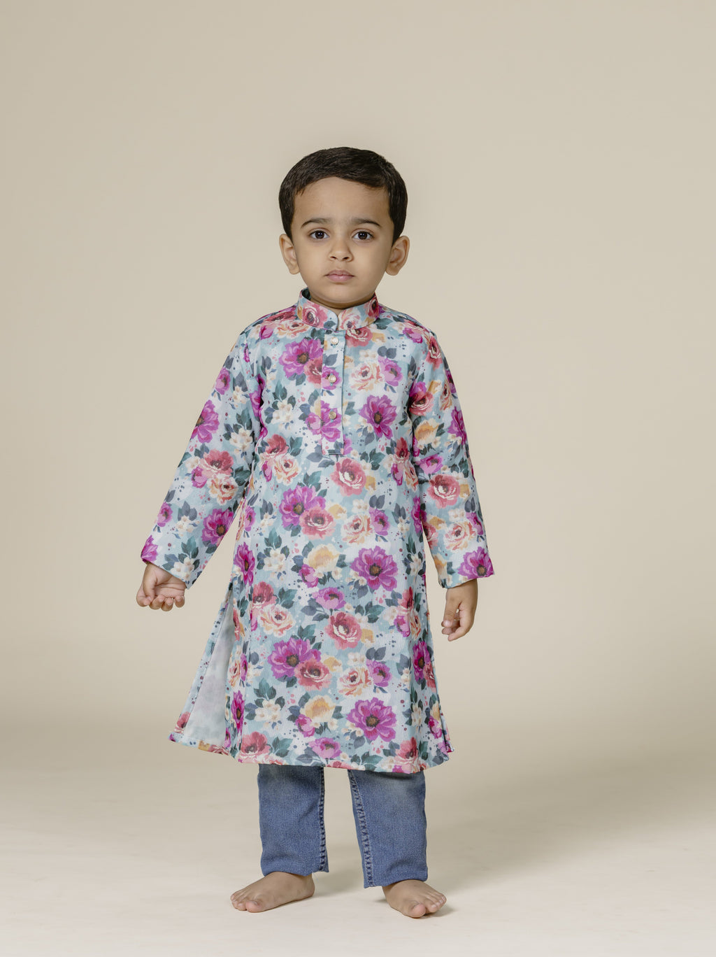 Cyan Printed Chanderi Cotton Stand Collar Kurta