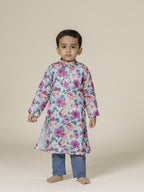 Cyan Printed Chanderi Cotton Stand Collar Kurta