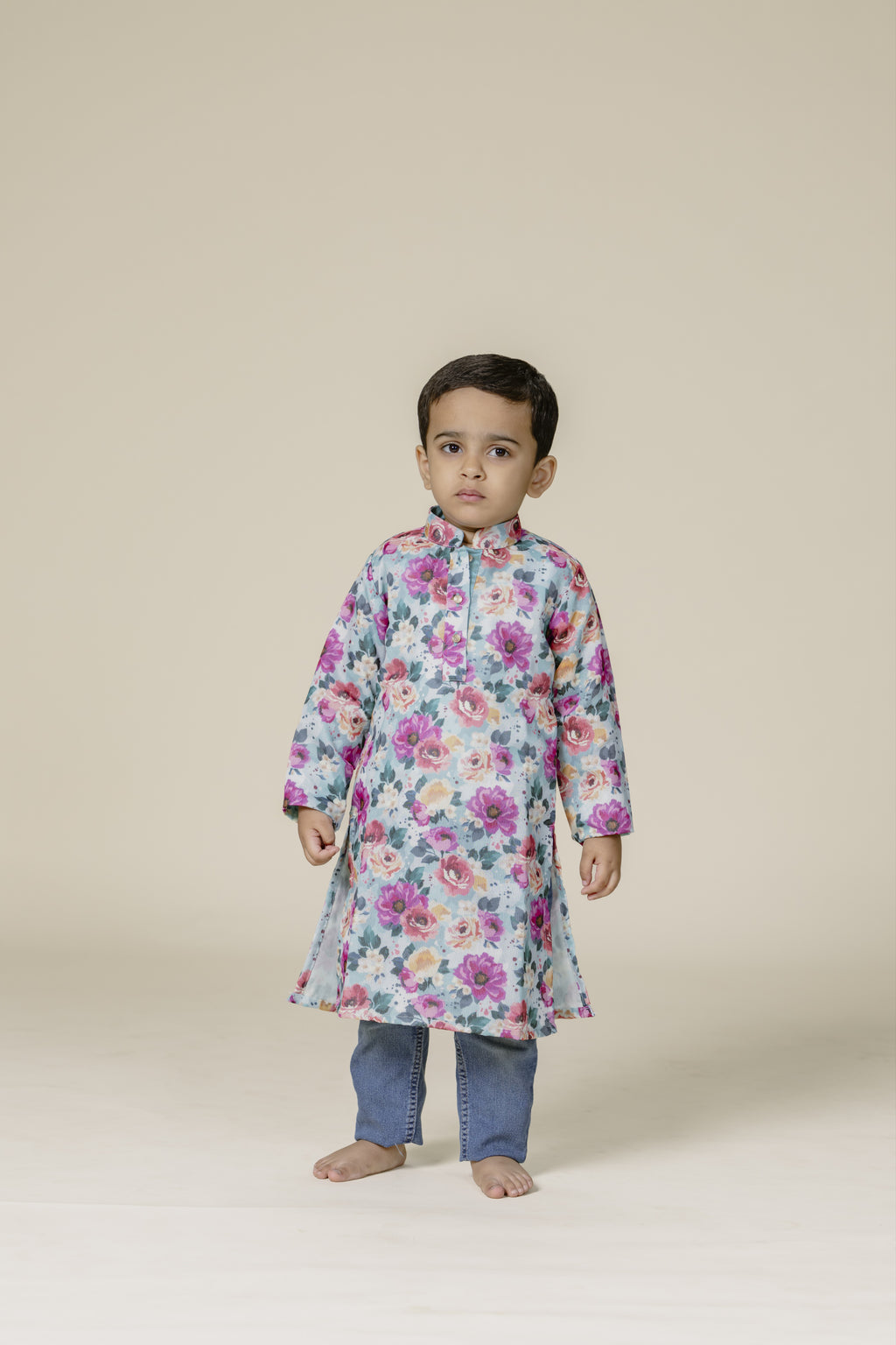 Cyan Printed Chanderi Cotton Stand Collar Kurta