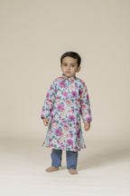 Cyan Printed Chanderi Cotton Stand Collar Kurta