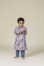 Cyan Printed Chanderi Cotton Stand Collar Kurta