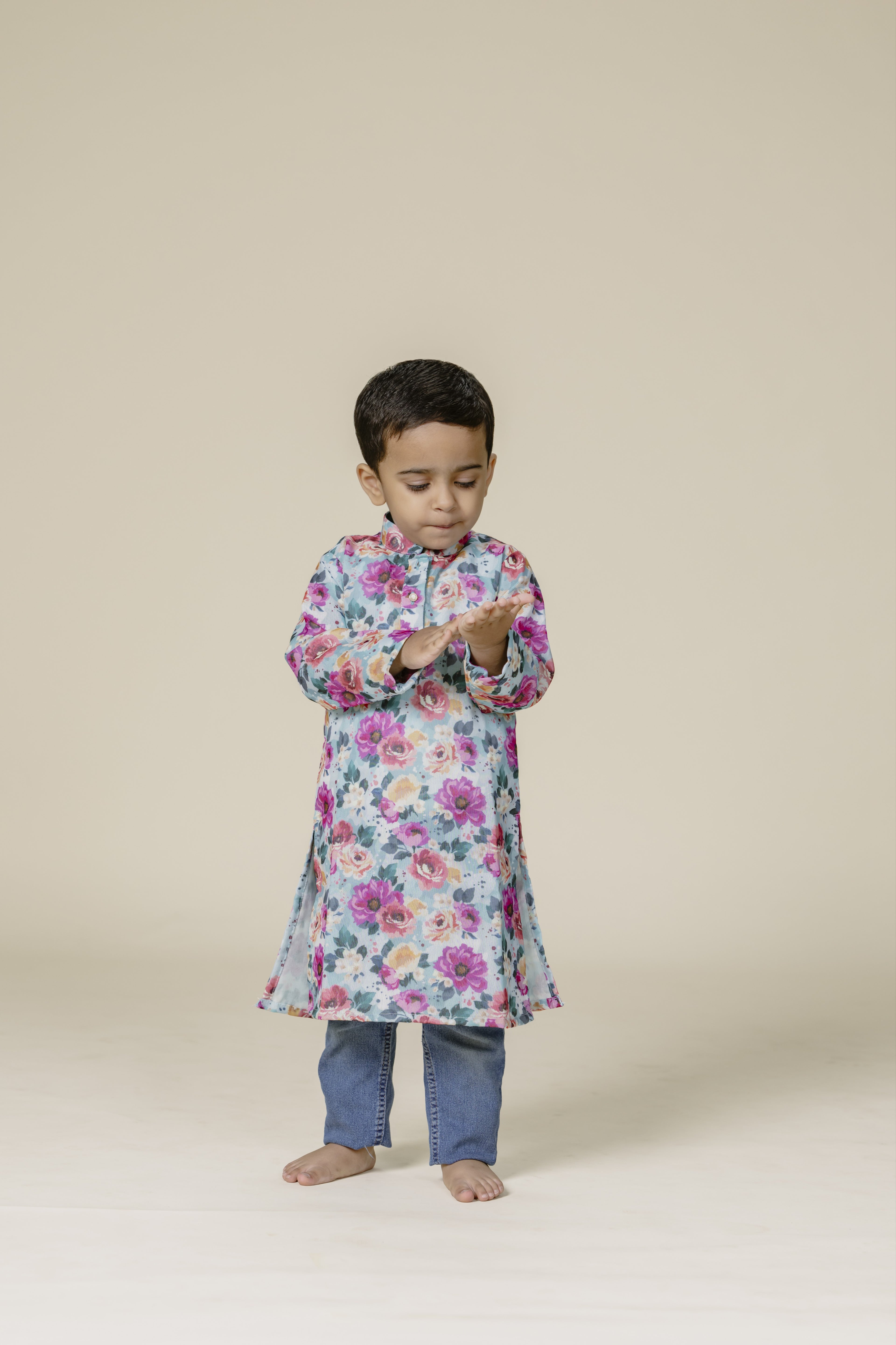 Cyan Printed Chanderi Cotton Stand Collar Kurta