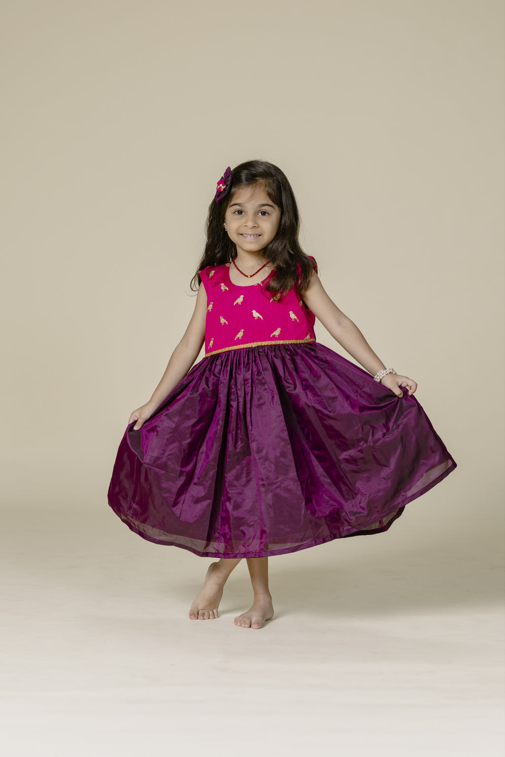 Dark Pink Embroidered Bodice & Wine Mysore Silk Flare Frock
