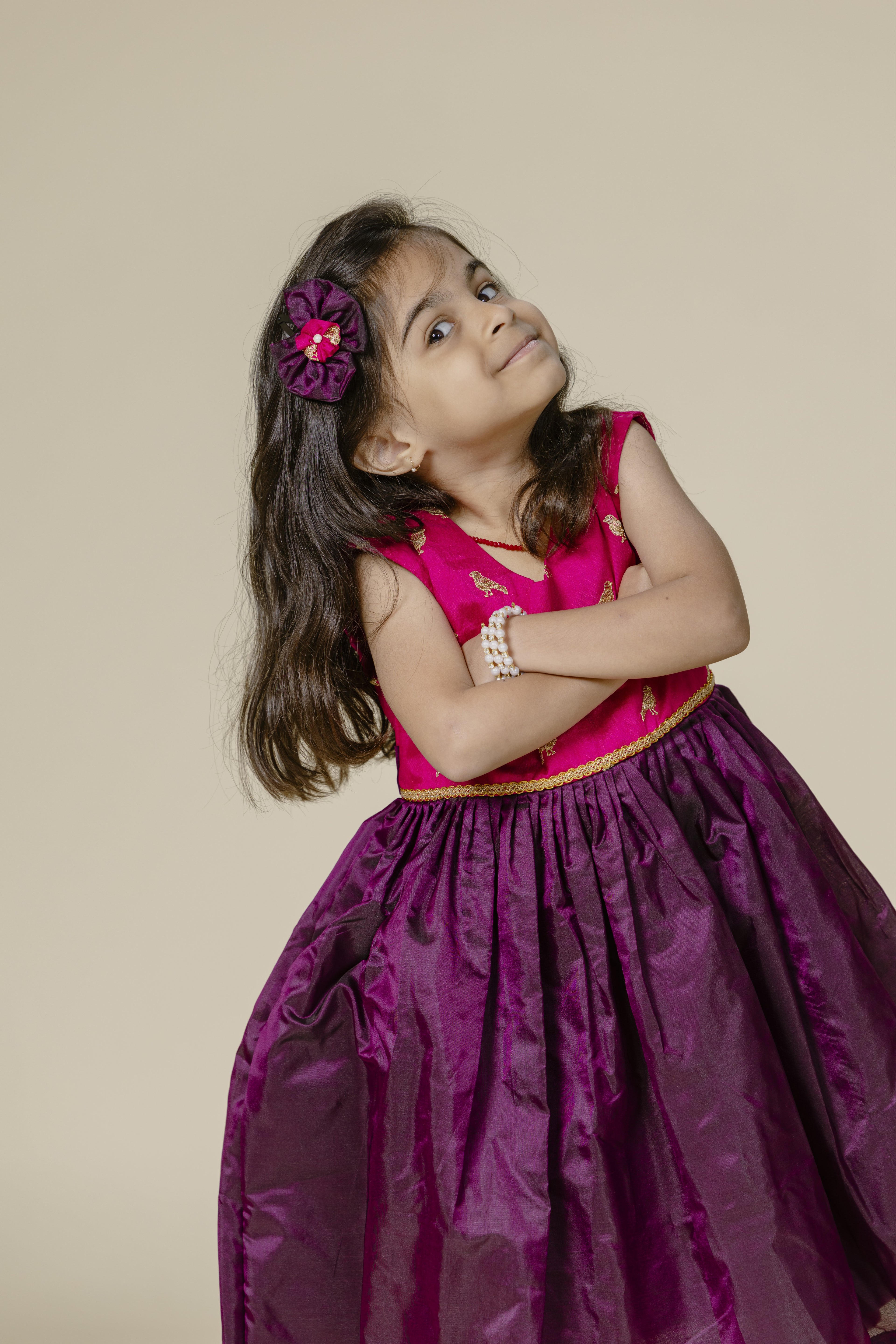 Dark Pink Embroidered Bodice & Wine Mysore Silk Flare Frock