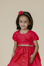 Pink Taffeta Flared Frock With Green Lace & Tulip Sleeves