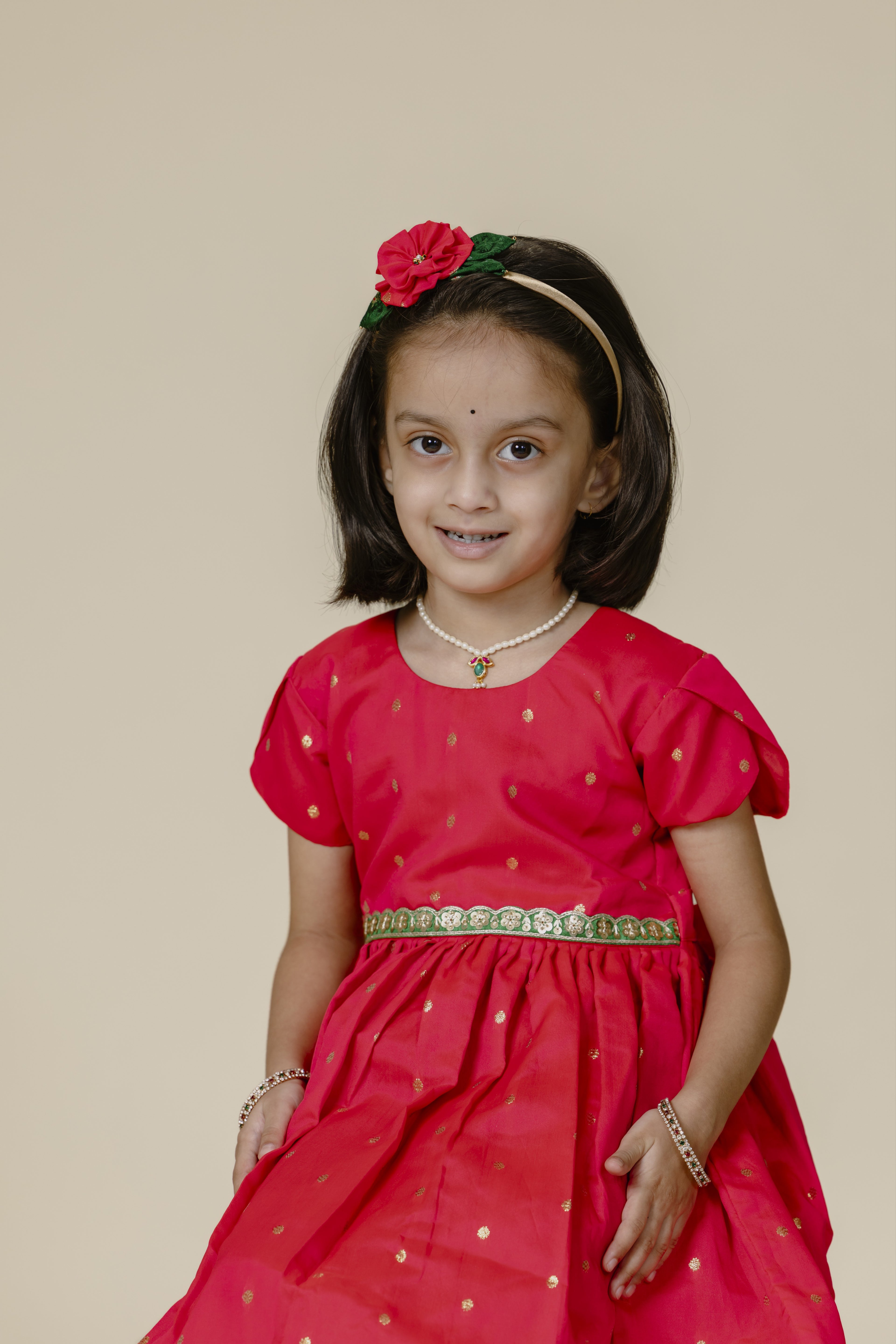 Pink Taffeta Flared Frock With Green Lace & Tulip Sleeves