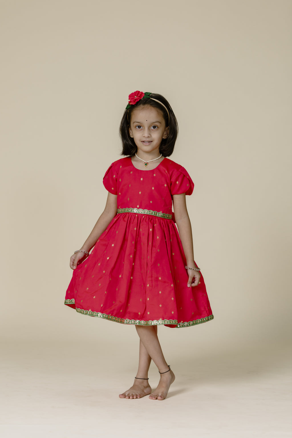 Pink Taffeta Flared Frock With Green Lace & Tulip Sleeves