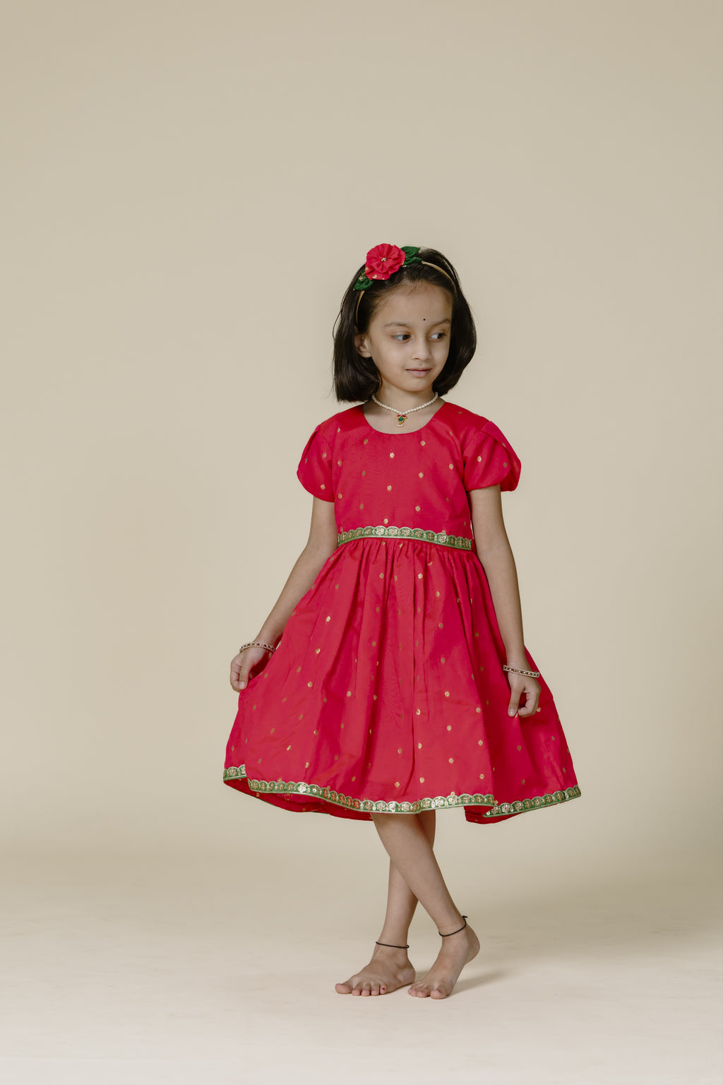 Pink Taffeta Flared Frock With Green Lace & Tulip Sleeves