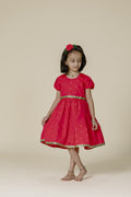 Pink Taffeta Flared Frock With Green Lace & Tulip Sleeves