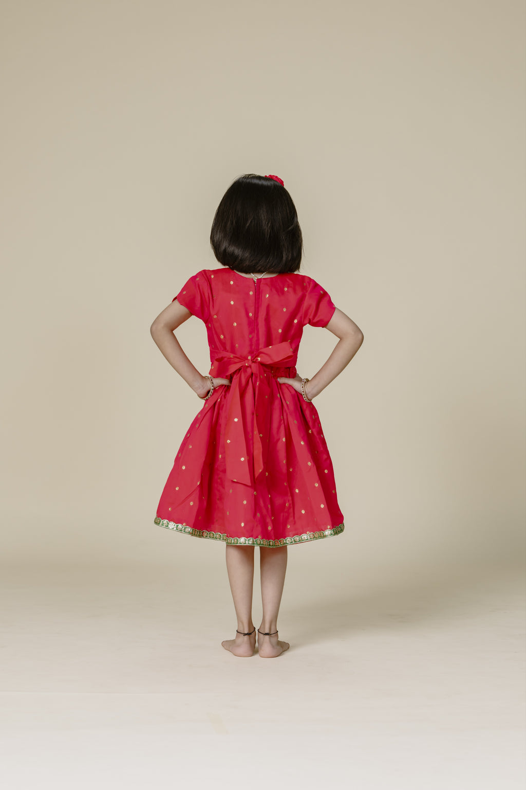 Pink Taffeta Flared Frock With Green Lace & Tulip Sleeves