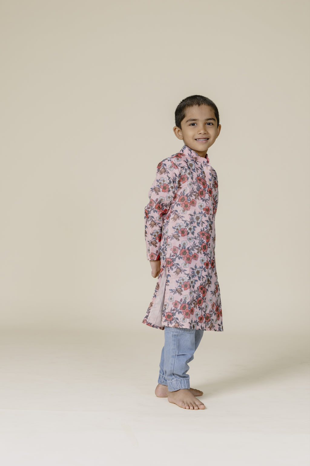 Peach Printed Chanderi Cotton Stand Collar Kurta