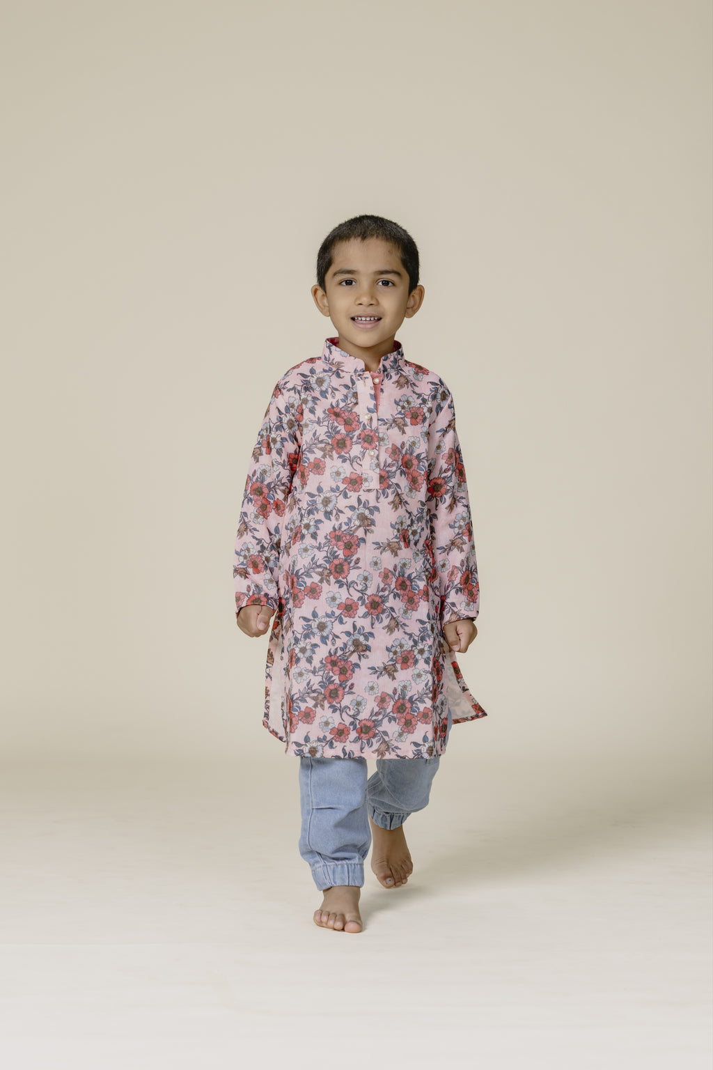 Peach Printed Chanderi Cotton Stand Collar Kurta