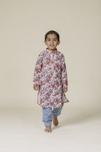 Peach Printed Chanderi Cotton Stand Collar Kurta