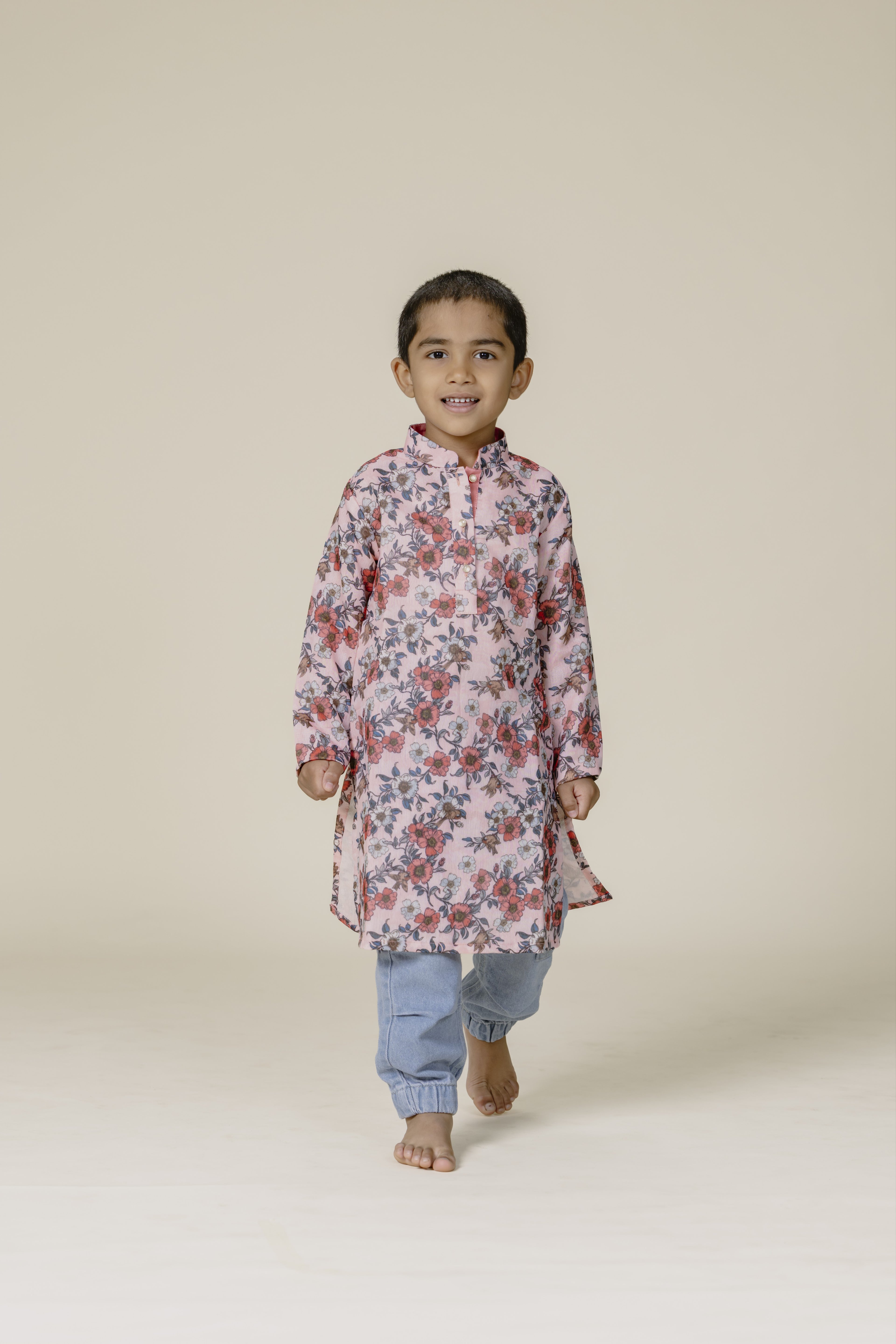 Peach Printed Chanderi Cotton Stand Collar Kurta