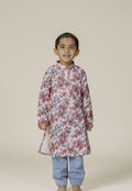 Peach Printed Chanderi Cotton Stand Collar Kurta