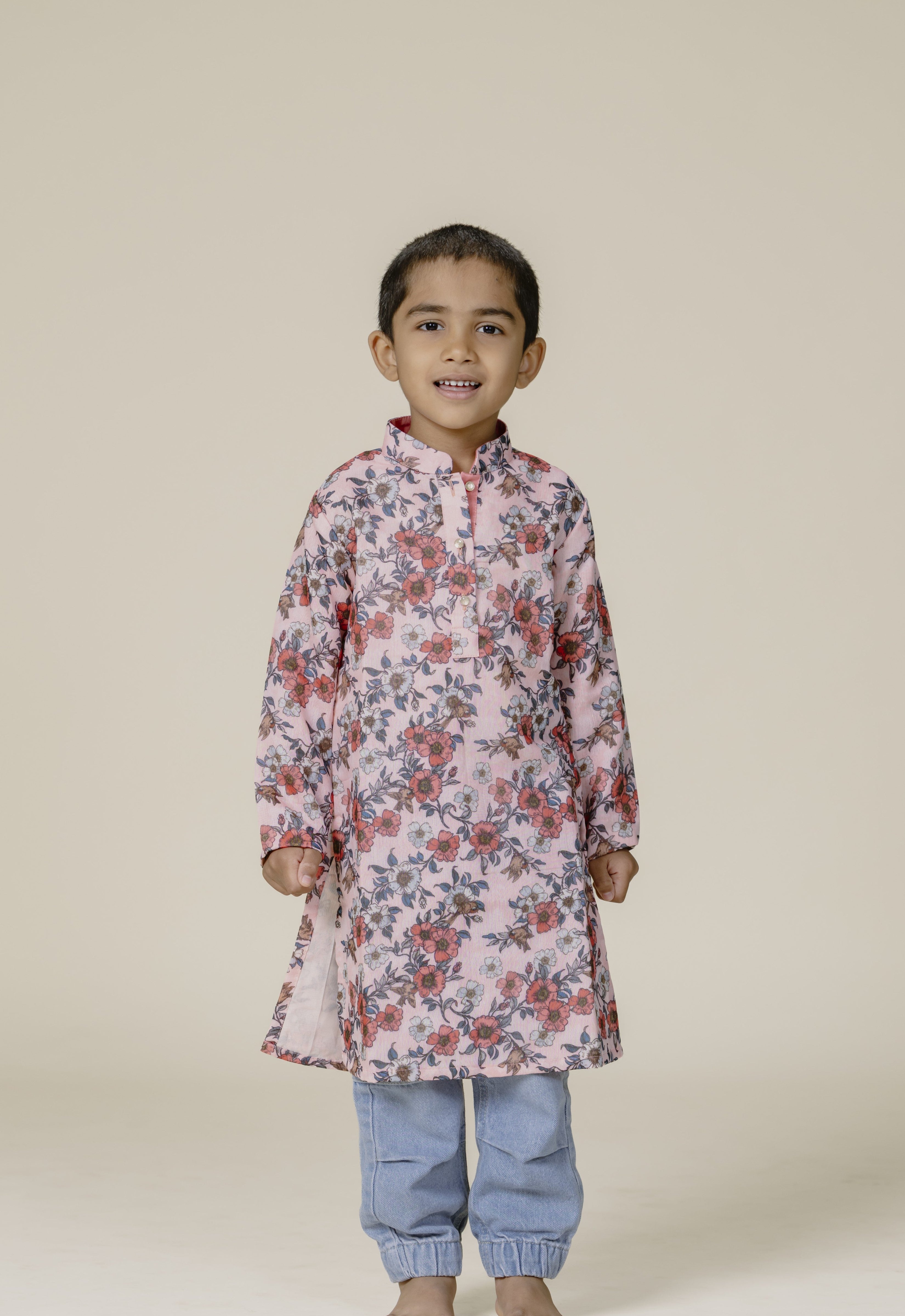 Peach Printed Chanderi Cotton Stand Collar Kurta