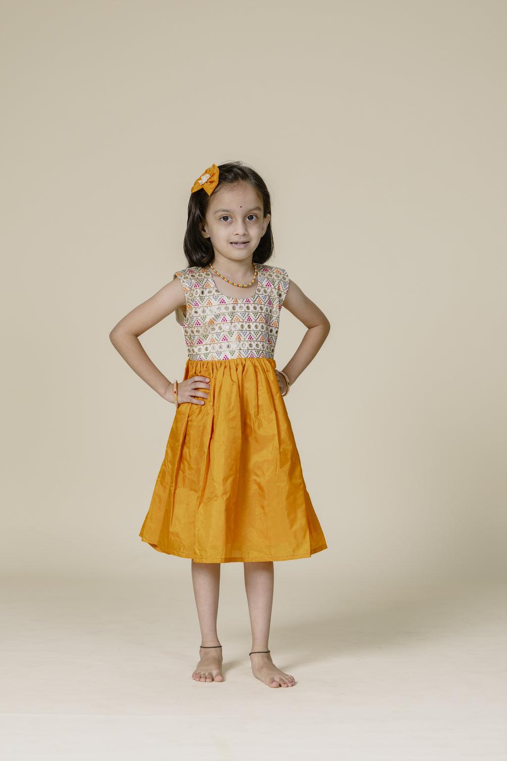 White Embroidered Bodice & Mustard Mysore Silk Flare Frock