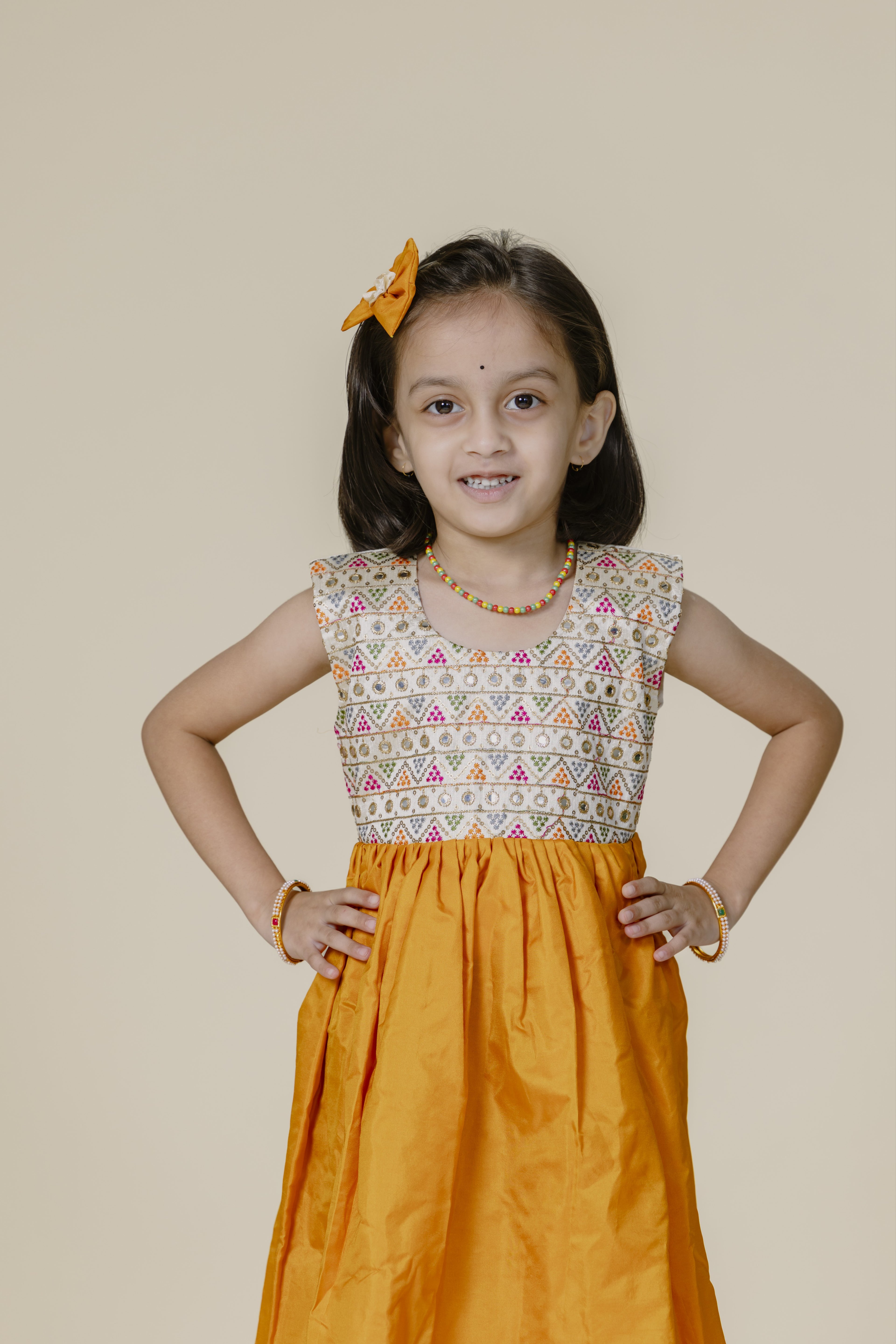 White Embroidered Bodice & Mustard Mysore Silk Flare Frock