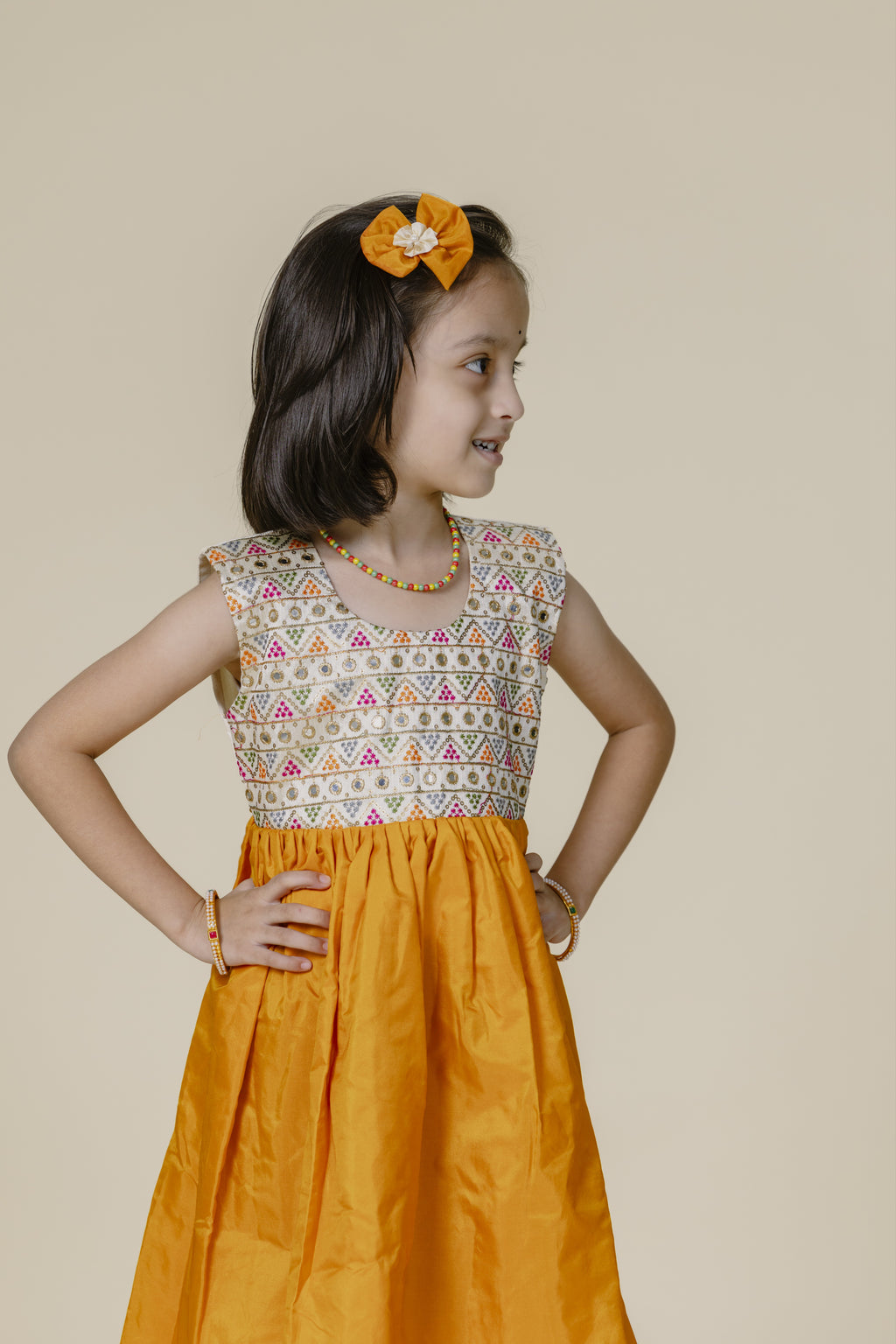 White Embroidered Bodice & Mustard Mysore Silk Flare Frock