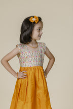 White Embroidered Bodice & Mustard Mysore Silk Flare Frock