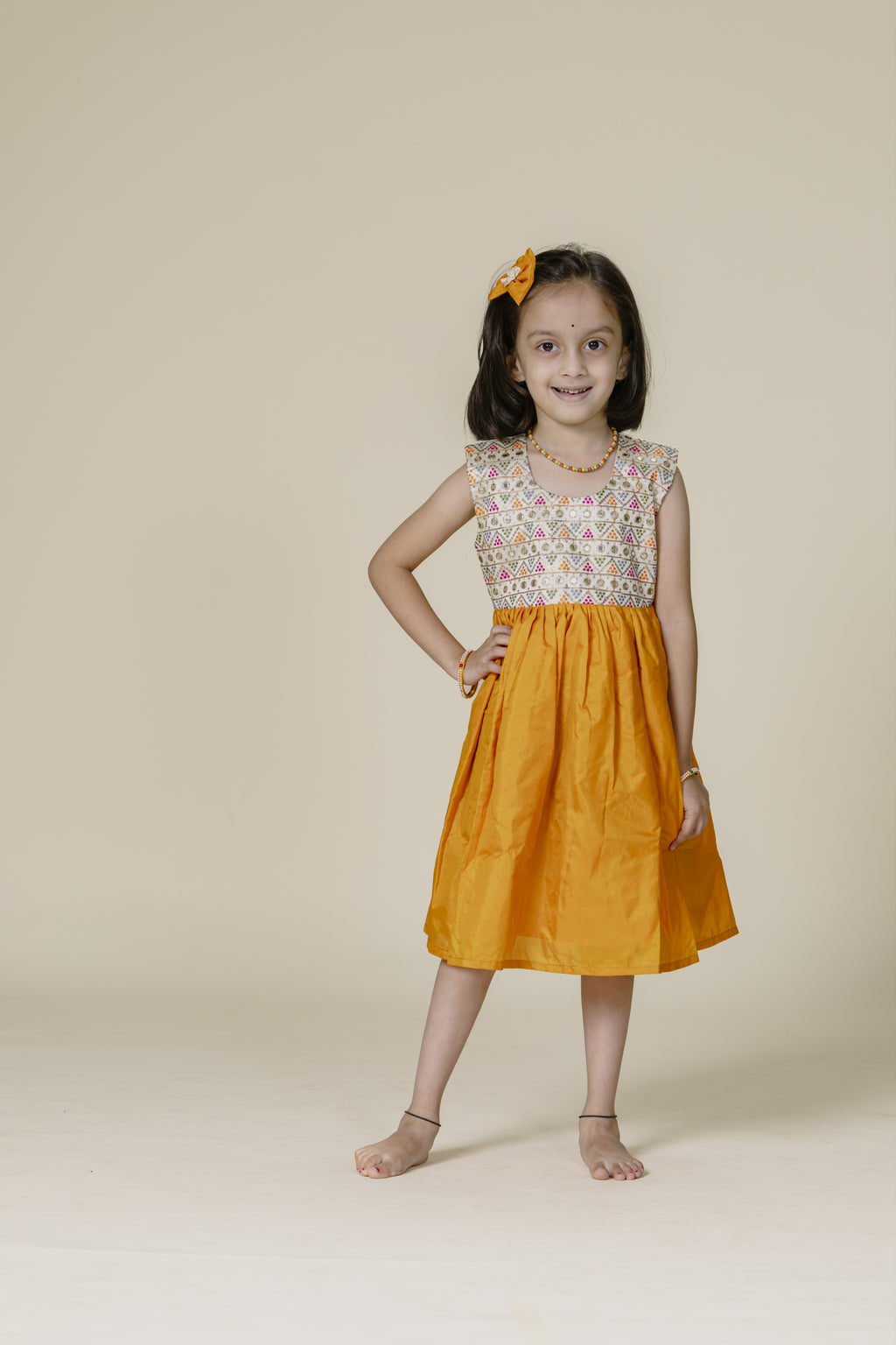 White Embroidered Bodice & Mustard Mysore Silk Flare Frock