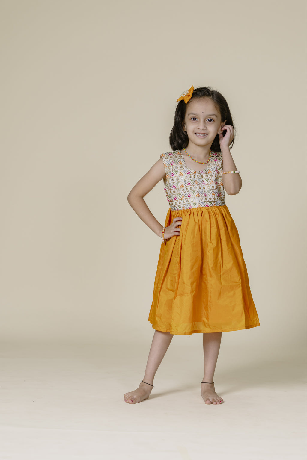 White Embroidered Bodice & Mustard Mysore Silk Flare Frock