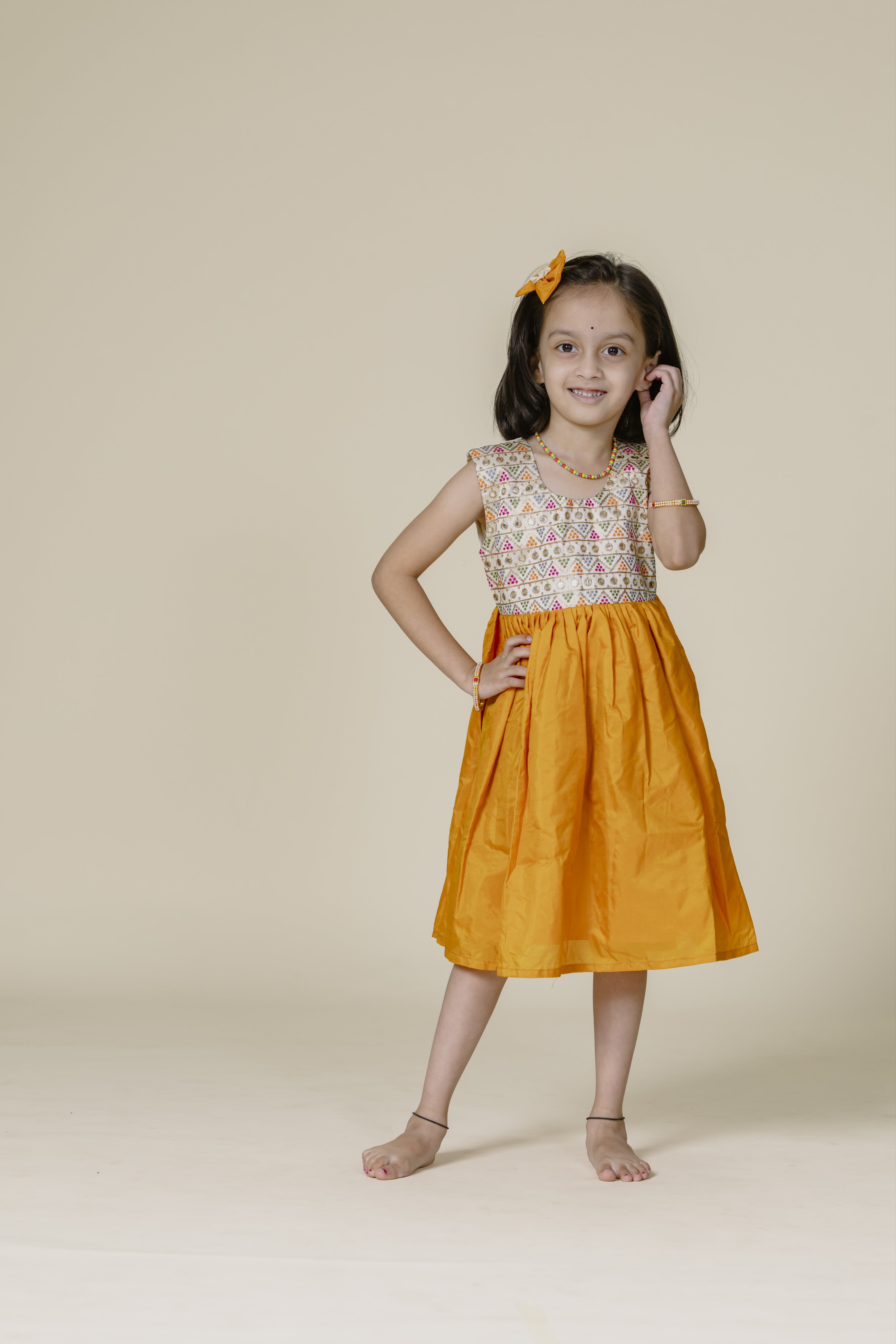 White Embroidered Bodice & Mustard Mysore Silk Flare Frock