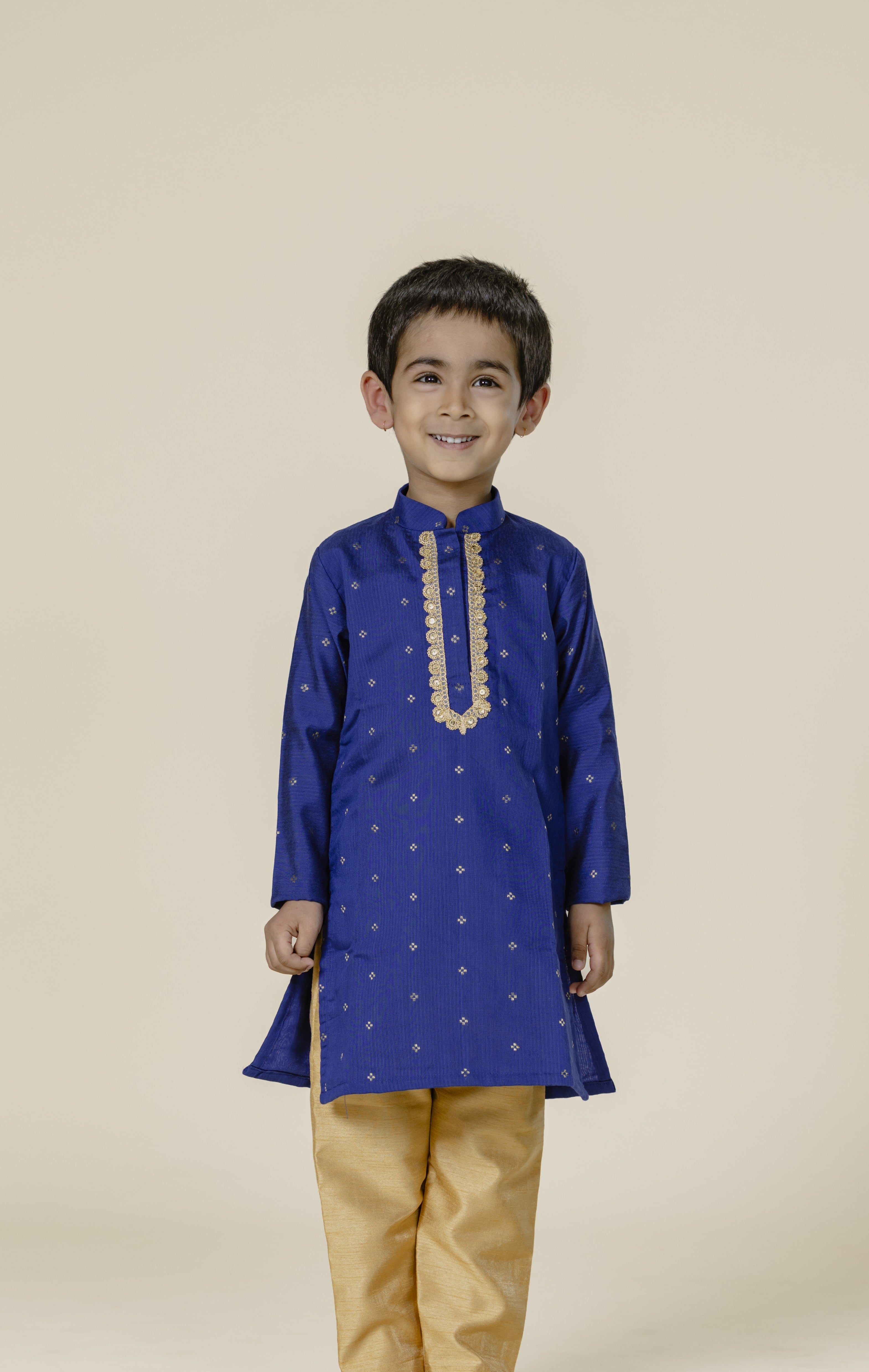 Royal Blue Cotton Silk Zari Butta Stand Collar Kurta