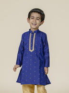 Royal Blue Cotton Silk Zari Butta Stand Collar Kurta