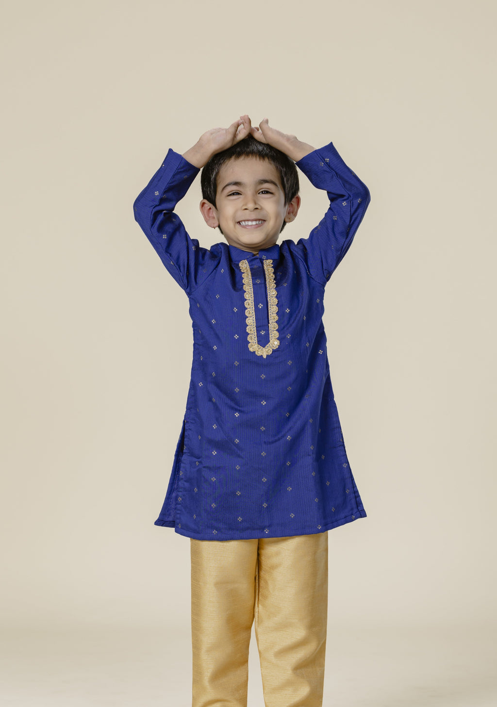 Royal Blue Cotton Silk Zari Butta Stand Collar Kurta