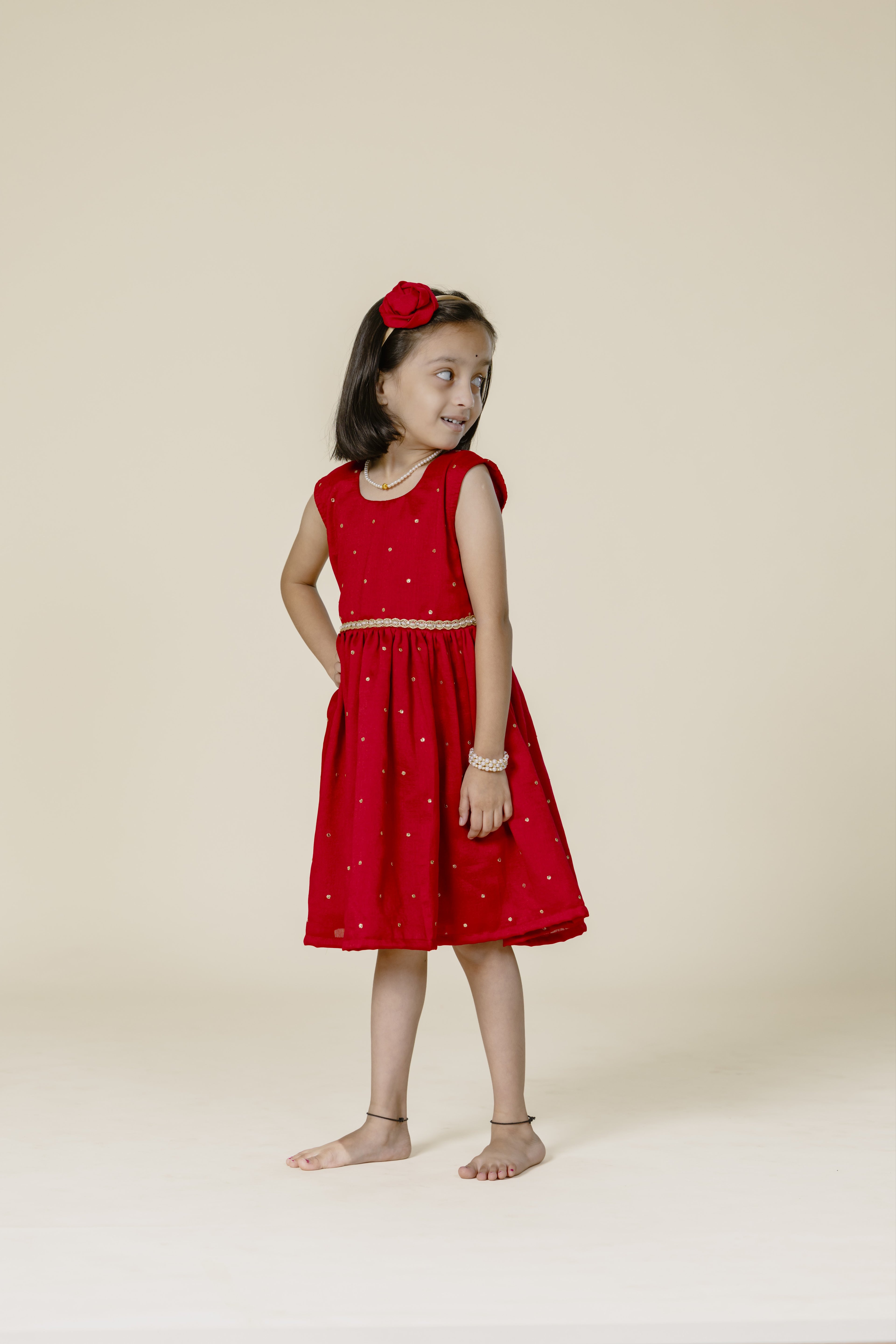 Cherry Red Vichitra Silk Sleeveless Frock For Girls