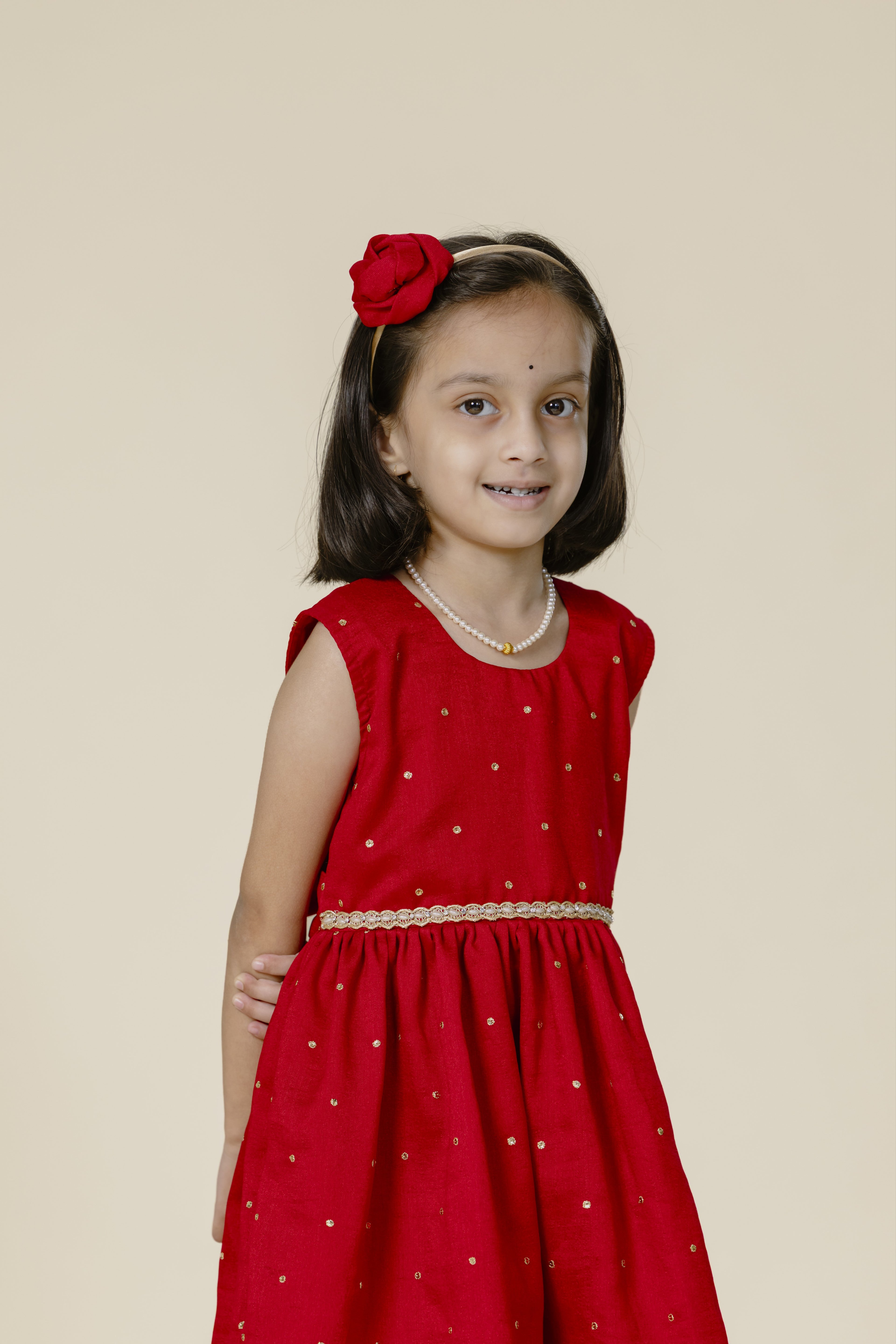 Cherry Red Vichitra Silk Sleeveless Frock For Girls