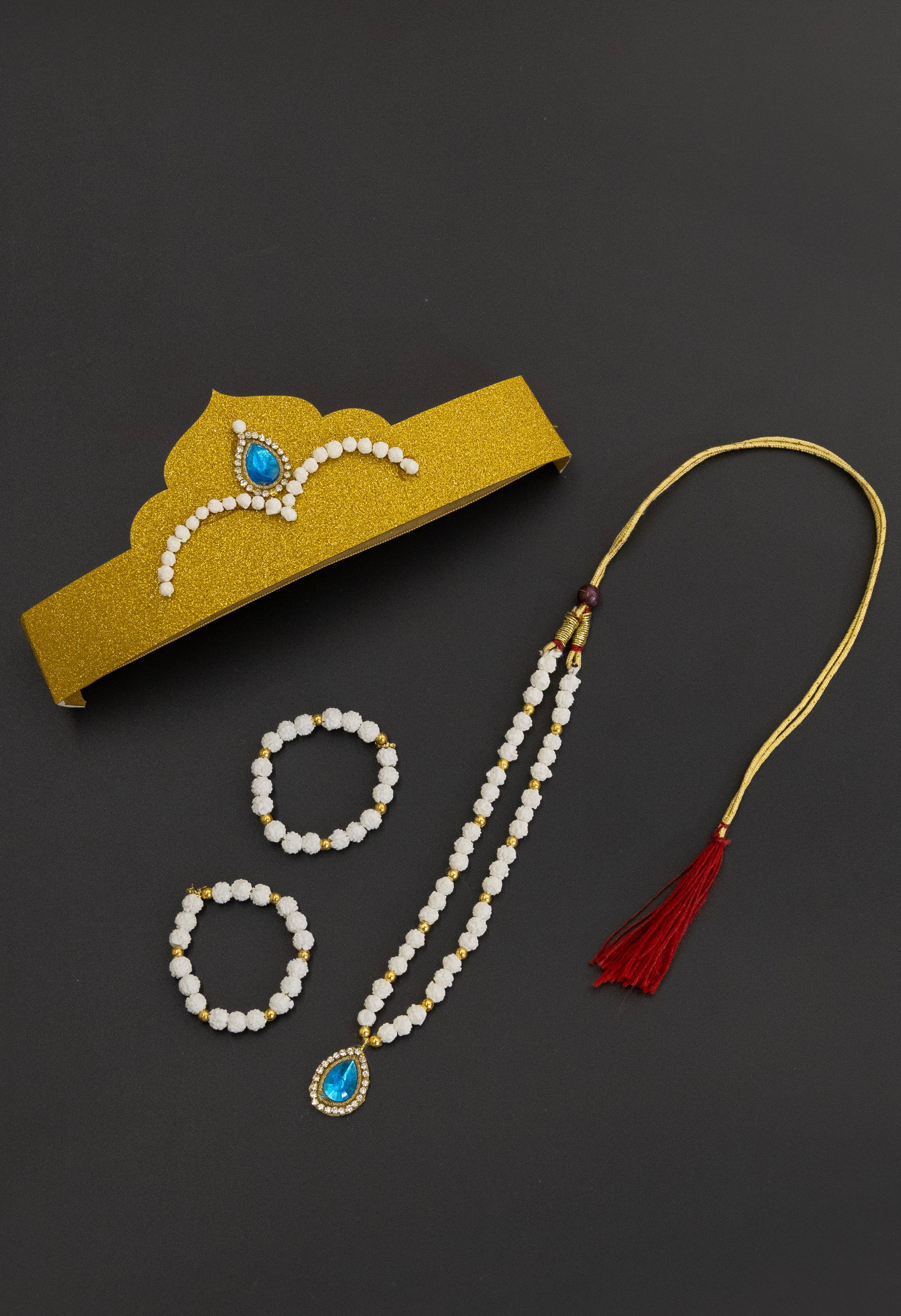 Black brocade silk front kurta with paithani motif yoke and matching tassels and teal blue malai silk dhoti for new born