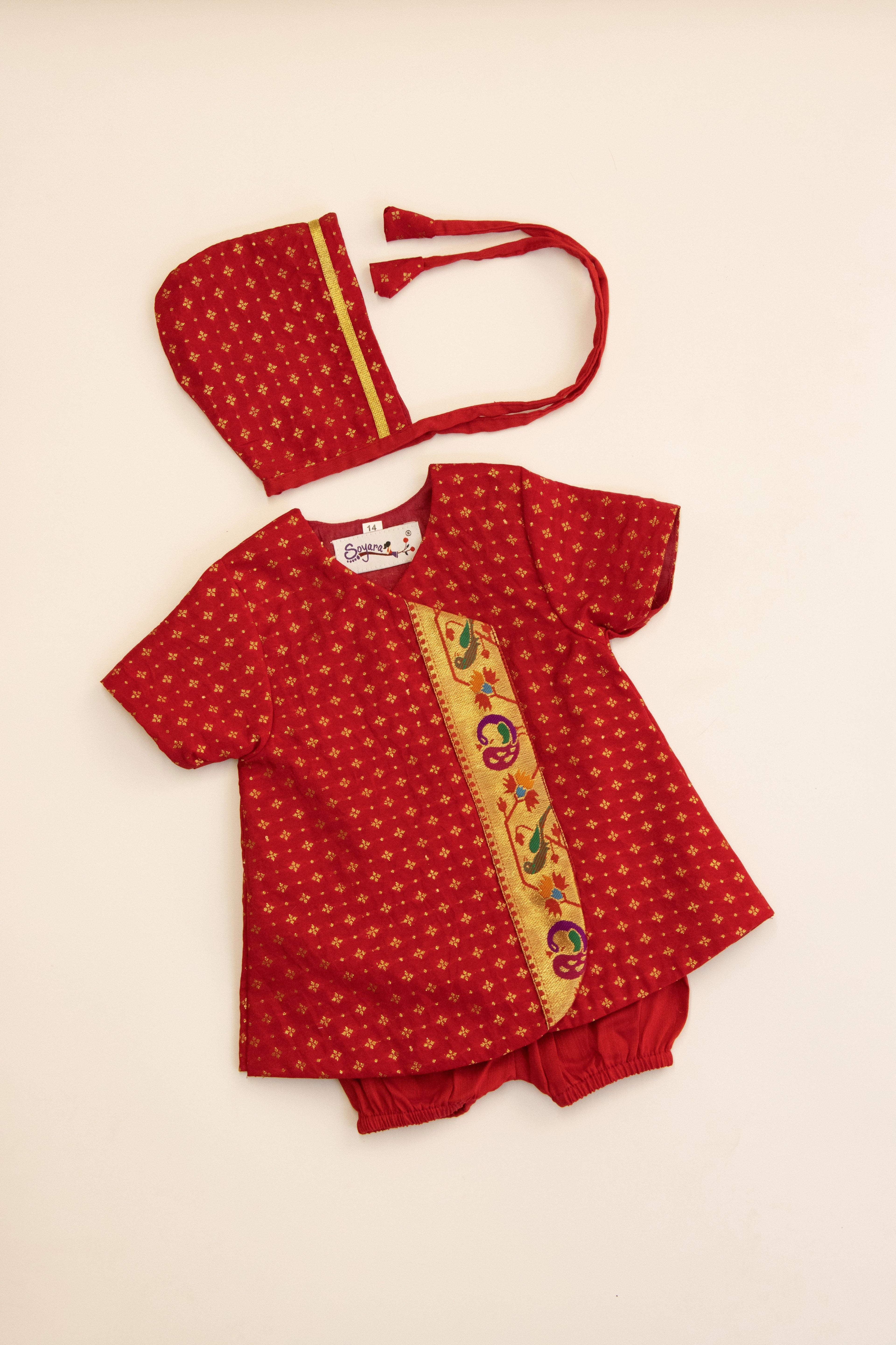 Kiran Set - Scarlet Soft Brocade Silk front open Unisex Jhabala with intricate peacock paithani border teamed with matching bloomer and bonnet for newborn baby
