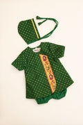Kiran Set - Dark Green Soft Brocade Silk front open Unisex Jhabala with intricate peacock paithani border teamed with matching bloomer and bonnet for newborn baby