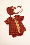 Kiran Set - Maroon Soft Brocade Silk front open Unisex Jhabala with intricate peacock paithani border teamed with matching bloomer and bonnet for newborn baby