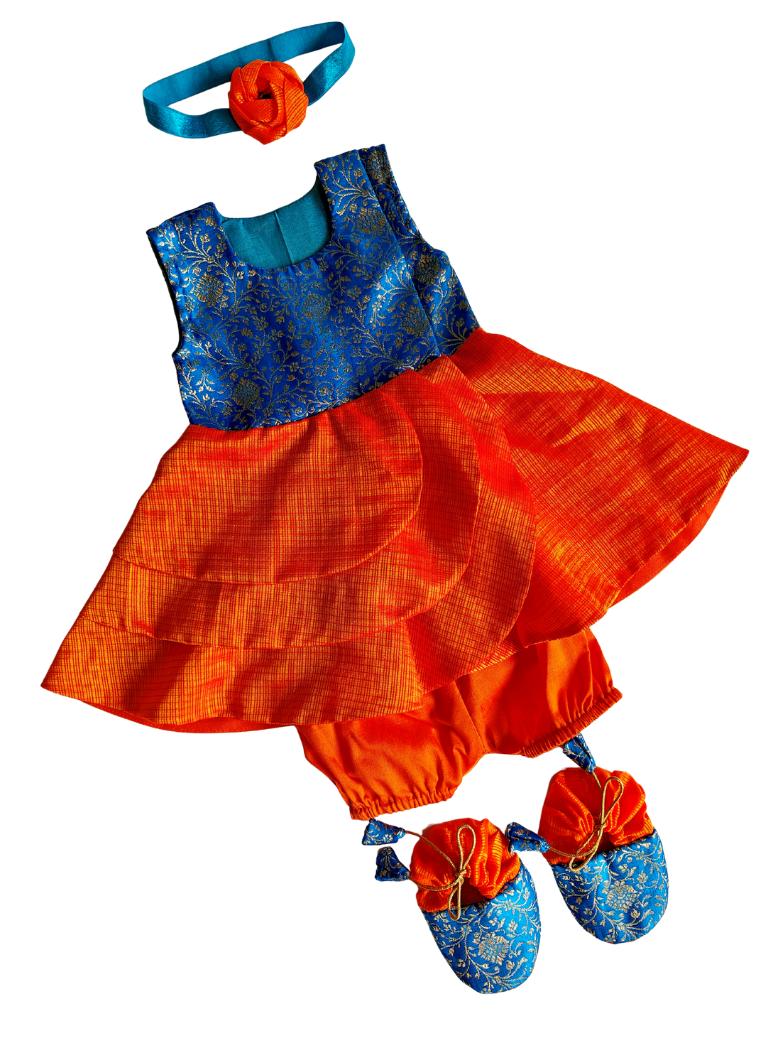 Arnaa Set - Blue Banarasi brocade bodice and Orange kotta silk open layered flair naming ceremony dress dress with bloomer ,headband and booties for a newborn baby girls