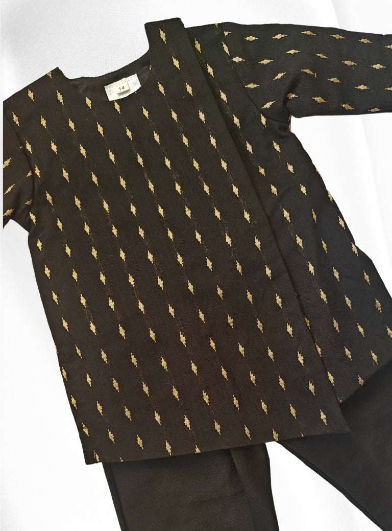 Black pine silk uneven kurta with small golden butta  and plain cotton silk salwar set for New born Baby Boy